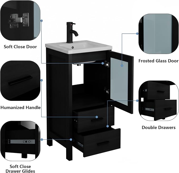 wonline 16 Inch Bathroom Vanity Set with Sink, Small Space Cabinet, Black | Faucet, pop-up drain & hardware included; water-resistant MDF; cultured marble top with ceramic basin; 2 drawers + door