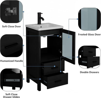 wonline 16 Inch Bathroom Vanity Set with Sink, Small Space Cabinet, Black | Faucet, pop-up drain & hardware included; water-resistant MDF; cultured marble top with ceramic basin; 2 drawers + door