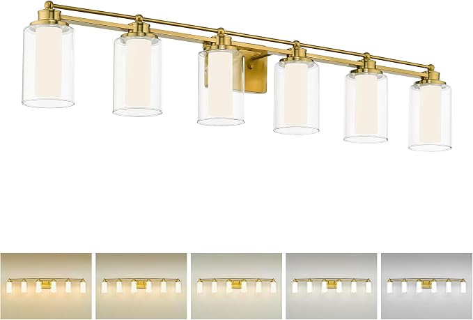HWH Bathroom Vanity Light Fixtures 6-Light, Brushed Gold, 5HLT63B-6W-LED BG | Dimmable, 5CCT, 36W, Vanity Light Over Mirror, Brass Wall Vanity Lights, Bathroom Light, Metal Fixture Body, For Hallway