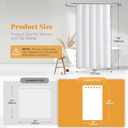 BTTN 54x78 Boho Scalloped Linen Textured Cloth Shower Curtain Set, White | Narrow Long Size, 230GSM Waterproof Polyester, Heavy Duty Fabric, 10 Plastic Hooks, Elegant Farmhouse Style, Machine Washable
