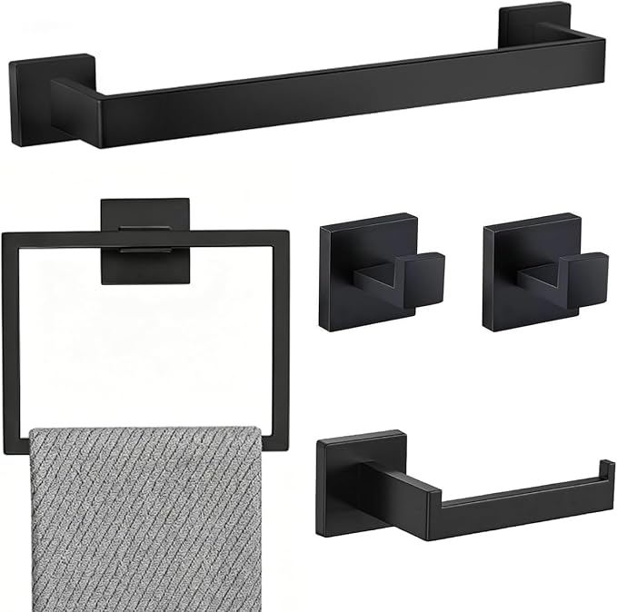 5-Piece Matte Black Bathroom Accessories Towel Bar Set Wall Mounted | 15.7-Inch Towel Racks,Stainless Steel,Bathroom Organizer and Storage,Waterproof Towel Hanger for Rentals,Apparment Essentials
