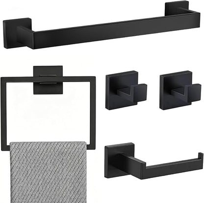 5-Piece Matte Black Bathroom Accessories Towel Bar Set Wall Mounted | 15.7-Inch Towel Racks,Stainless Steel,Bathroom Organizer and Storage,Waterproof Towel Hanger for Rentals,Apparment Essentials
