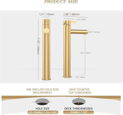 Brushed Gold One Hole High Bathroom Vessel Sink Faucet, Single Hole Single Handle Tall Bathroom Faucet, with Pop Up Drain and Water Supply Line,FH01-BG-V