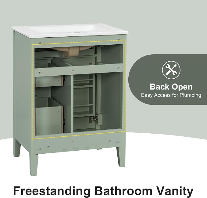 Merax 24 Inch Bathroom Vanities with Undermount Ceramic Sink, Tip-Over Drawer and Side Drawers, Soft Closing Door with Shelf, Solid Wood Frame, Light Green