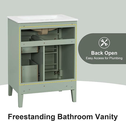 Merax 24 Inch Bathroom Vanities with Undermount Ceramic Sink, Tip-Over Drawer and Side Drawers, Soft Closing Door with Shelf, Solid Wood Frame, Light Green