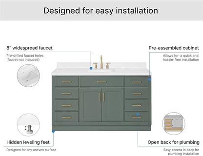 ARIEL Hepburn 60-inch Bathroom Vanity with Sink,Solid Wood, 1.5-inch Carrara White Quartz Countertop, Single Rectangular Porcelain Sink, 2 Soft Closing Doors, 9 Dovetail Drawers, Vintage Green