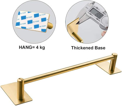 NearMoon Self Adhesive Bathroom Towel Bar- Stainless Steel Bath Wall Shelf Rack Hanging Towel Stick On Sticky Hanger Contemporary Style, NO Drilling (1 Pack, Brushed Gold, 16-Inch Towel Rack)