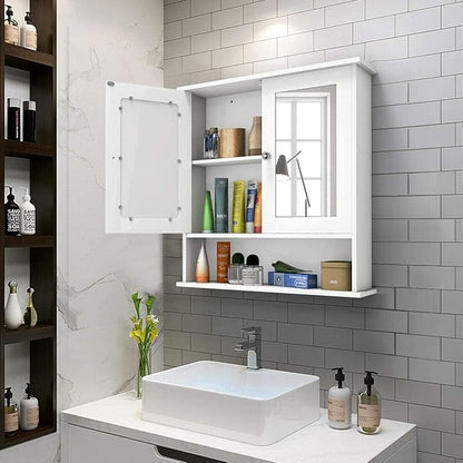 Salches Wall Mounted Bathroom Cabinet w/2 Mirrored Doors, Over-Toilet Hanging Cabinet w/Shelves, Wooden Medicine Storage Organizer for Living Room/Corridor/Cloakroom/Kitchen, 22” x 5” x 23” (White)