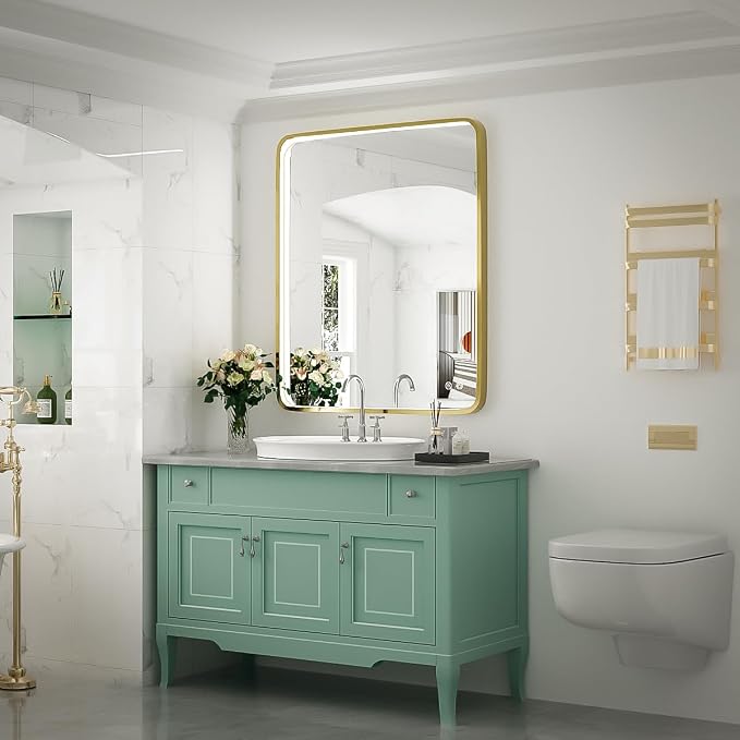 30x36 Inch LED Gold Frame Bathroom Mirror, ETL Listed | Anti-Fog,3 Color 3000K/4500K/6000K Dimmable,Horizontal & Vertical,Wall Mounted,Memory Function
