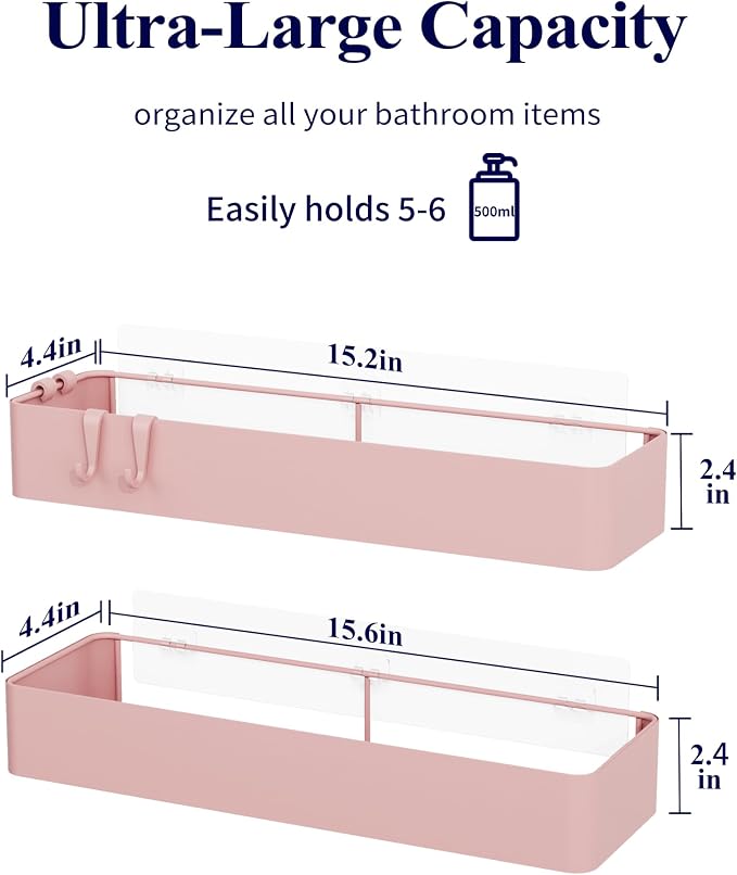 Kitsure Shower Caddy Adhesive, Stylish Shower Organizer, XX-Large, Pink | 2 Pack Shower Shelf for Inside Shower, 100% Rustproof Metal Shelves, No-Drill Bathroom Organizers and Storage