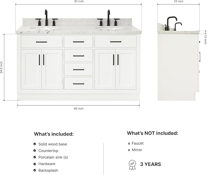 ARIEL Hepburn 60-inch Bathroom Vanity with Sink,Solid Wood, 1.5-inch Italian Carrara Marble Countertop & Backsplash, Double Oval Porcelain Sink, 4 Soft Closing Doors, 6 Dovetail Drawers, White