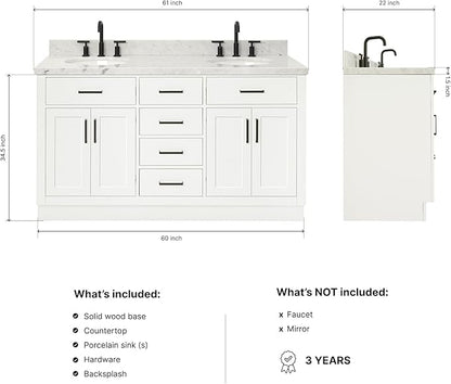 ARIEL Hepburn 60-inch Bathroom Vanity with Sink,Solid Wood, 1.5-inch Italian Carrara Marble Countertop & Backsplash, Double Oval Porcelain Sink, 4 Soft Closing Doors, 6 Dovetail Drawers, White
