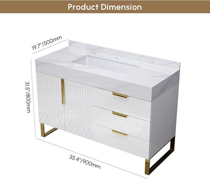 Bathroom Vanity with Sink, Modern Bathroom Vanity with Faux Marble Top, Gold Hardware & Soft-Close Drawers for Bathroom Storage (35.4 Inch, White, Single Sink & Freestanding)