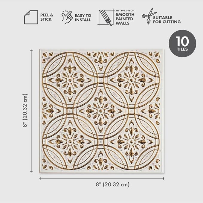 Peel and Stick Metal Tiles, Pastel Painted Gold, 10-Pack | 8 x 8 in tile size; Covers up to 4.44 sq ft; Aluminum; Water-resistant surface; For kitchens, ceilings, DIY projects