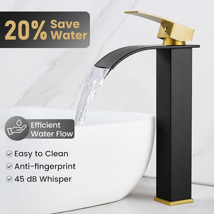 Airuida Vessel Sink Faucet, Black&Gold Tall Waterfall Bathroom Faucet | Single Handle,Tall Bathroom Faucet 1 Hole,Vanity Faucet,without Drain,Bowl Bathroom Faucet