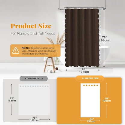 BTTN 54x78 Boho Scalloped Linen Textured Cloth Shower Curtain Set, Brown | Narrow Long Size, 230GSM Waterproof Polyester, Heavy Duty Fabric, 10 Plastic Hooks, Elegant Farmhouse Style, Machine Washable