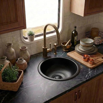 LQS 13 x 13 Inch Round RV Sink, Black Bar Sink, Stainless Steel Drop-In | Small RV Sink For Camper Kitchens Or Bathrooms; Compact RV Bathroom Sink With 5.31-Inch Bowl And Drain Assembly Included