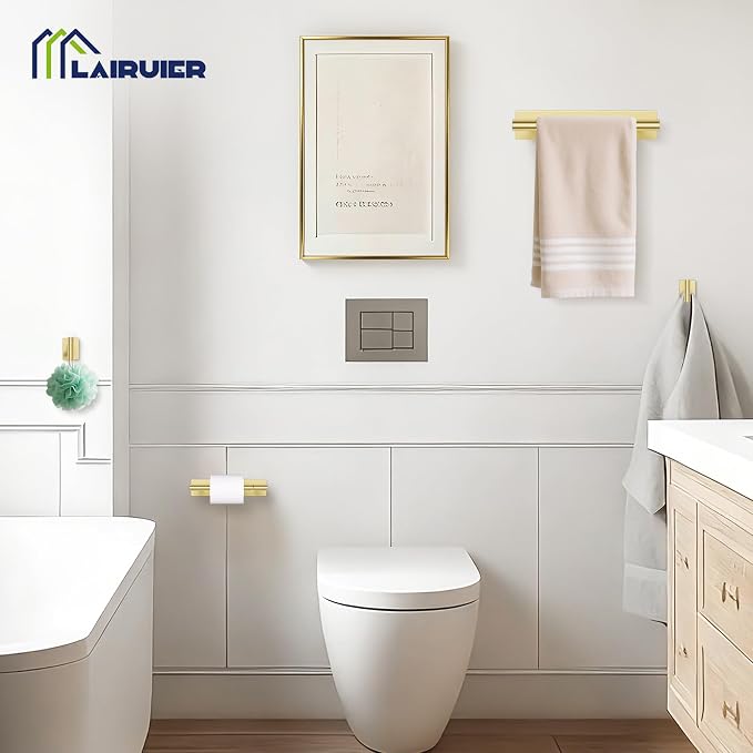 Lairuier Brushed Gold Bathroom Hardware Set, Adhesive or Screw Wall Mounted | Bathroom Accessories Set, Adhesive or Screw Wall Mount Toilet Paper Holder and Hand Towel Bar Holder, No Drill 2 Towel Hooks