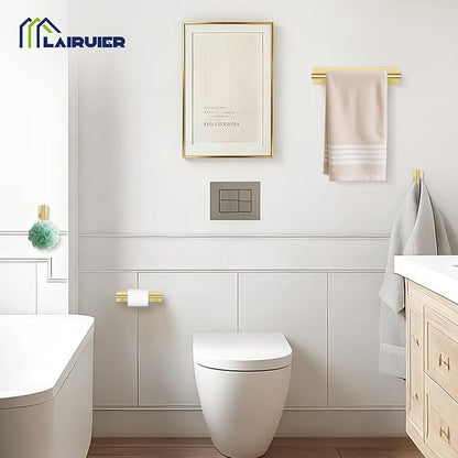 Lairuier Brushed Gold Bathroom Hardware Set, Adhesive or Screw Wall Mounted | Bathroom Accessories Set, Adhesive or Screw Wall Mount Toilet Paper Holder and Hand Towel Bar Holder, No Drill 2 Towel Hooks