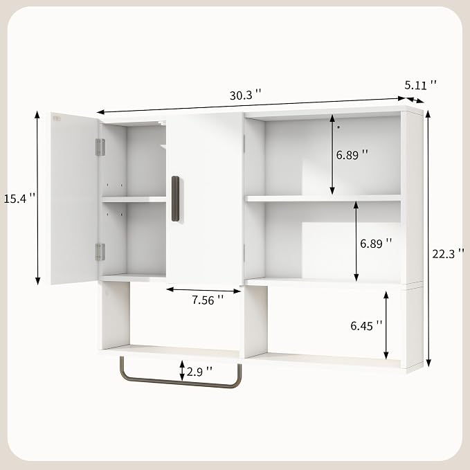 Bathroom Wall Cabinet, Medicine Cabinet with Towel Bar & 2 Doors, White