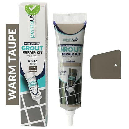Premixed Tile Grout Repair - Warm Taupe (8.8oz/250g) | 5 beige shades with RAL codes, premixed acrylic sanded, bathroom shower kitchen tile, water-resistant, 24-hour cure, 29 sq ft