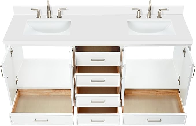 ARIEL Stafford 72-inch Bathroom Vanity with Sink,Solid Wood, 1.5-inch Pure White Quartz Countertop & Backsplash, Double Rectangular Porcelain Sink, 4 Soft Closing Doors, 6 Dovetail Drawers, White