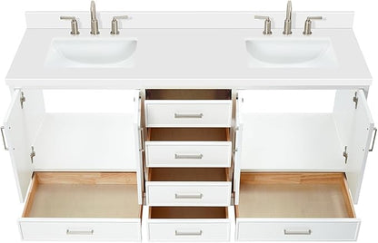 ARIEL Stafford 72-inch Bathroom Vanity with Sink,Solid Wood, 1.5-inch Pure White Quartz Countertop & Backsplash, Double Rectangular Porcelain Sink, 4 Soft Closing Doors, 6 Dovetail Drawers, White