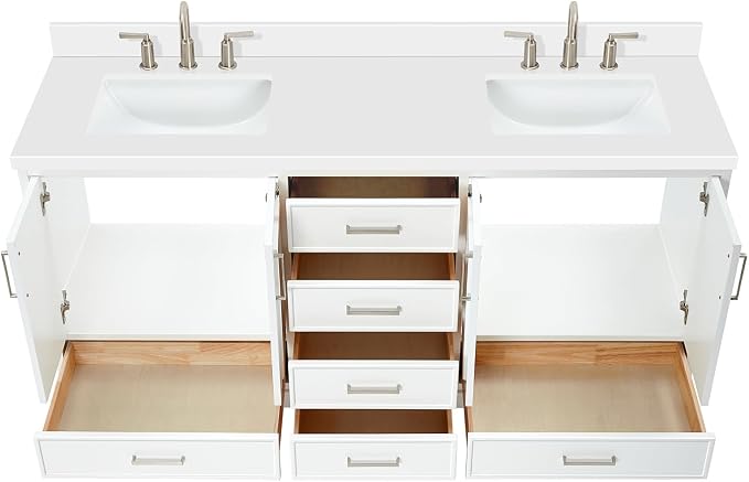 Langford 72-inch White Bathroom Vanity with Left & Right Rectangle Double Sinks, Pure White Quartz Countertop & Backsplash, Solid Wood Frame, Soft-Closing & Dovetail Drawers