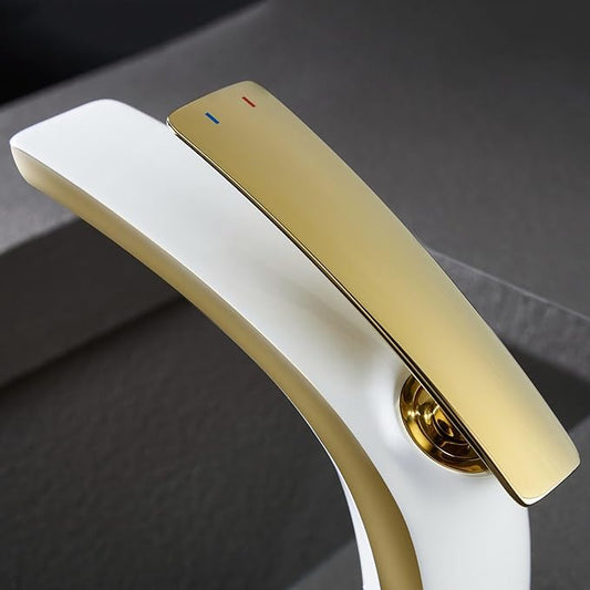 Single Handle Bathroom Faucets Brass Single Hole Faucet for Bathroom Sink Hot Cold White+Gold