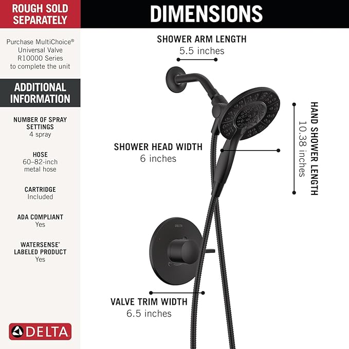 Delta Faucet Albion 14 Series Single-Handle Shower Faucet, Black Shower Trim Kit with 4-Setting In2ition 2-in-1 Dual Hand Held Shower Head with Hose, Matte Black T142855-BL-I (Valve Not Included)