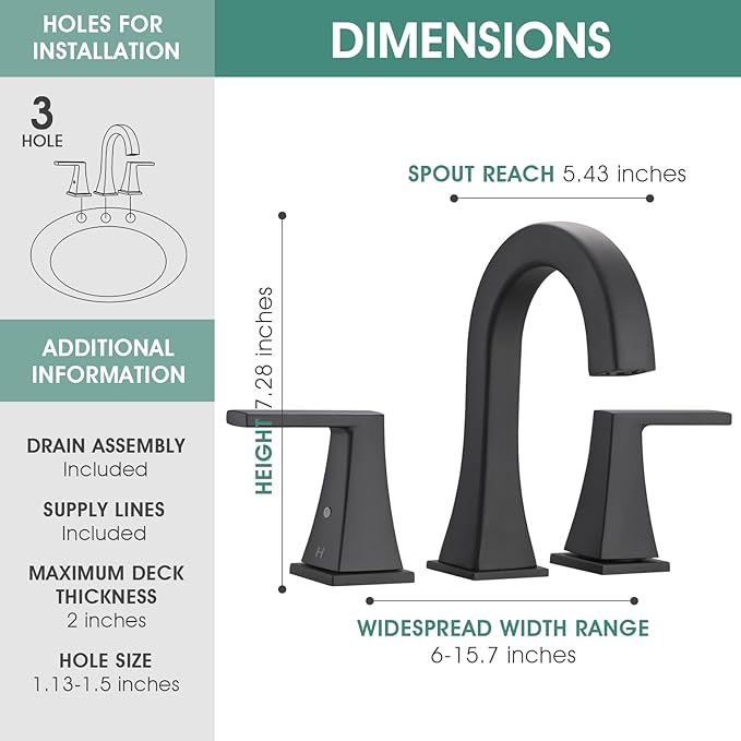 Bathroom Faucets for Sink, 2 Handle Widespread Bathroom Sink Faucet, 3 Hole Modern Stainless Steel Faucet with Pop-up Drain and Water Supply Lines, Matte Black