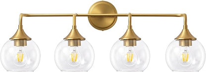 Bathroom Vanity Light Gold, 4 Light Bathroom Light Fixtures Over Mirror with Clear Glass Shade, 31 inch Vanity Lights for Bathroom Farmhouse (Exclude E26 Bulb)