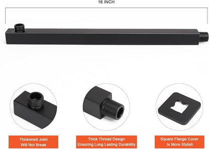 Shower Head with Extension Arm, High Pressure Square with ShowerArm, Stainless Steel Rainfall-Waterfall Full Body Coverage (10'' Shower with 16'' Arm, Matte Black)