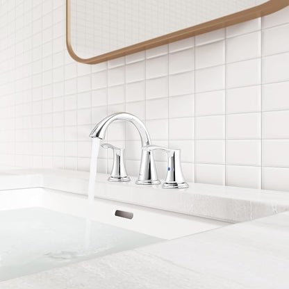 Bathroom Sink Faucet 8 Inch Widespread for Vanity, Chrome | Mid Arc Brass Spout, 2 Handle Lead-Free Bathroom Faucet with Metal Pop Up Drain Supply Lines for 3 Hole Lavatory Utility Sink