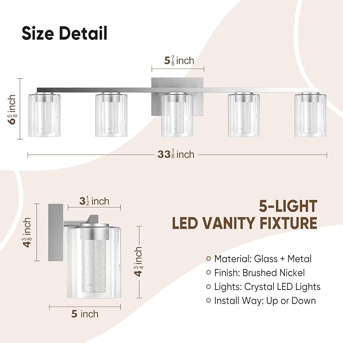 LED Modern Bathroom Light Fixtures Over Mirror, 5-Light Brushed Nickel Vanity Lights with 5 Color Modes, Dimmable Bathroom Vanity Light with Crystal Bubble Glass, 2700K-6500K Adjustable, ETL
