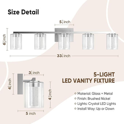 LED Modern Bathroom Light Fixtures Over Mirror, 5-Light Brushed Nickel Vanity Lights with 5 Color Modes, Dimmable Bathroom Vanity Light with Crystal Bubble Glass, 2700K-6500K Adjustable, ETL
