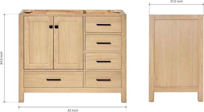 ARIEL Cambridge 42-inch Bathroom Vanity Base Cabinet,Solid Wood, 2 Soft Closing Doors, 5 Dovetail Drawers, White Oak