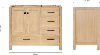 ARIEL Cambridge 42-inch Bathroom Vanity Base Cabinet,Solid Wood, 2 Soft Closing Doors, 5 Dovetail Drawers, White Oak