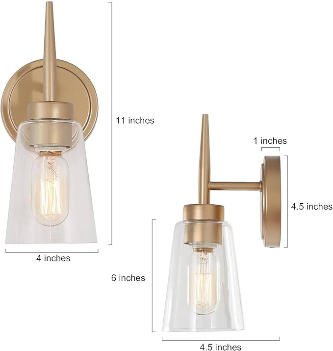 KSANA Gold Wall Sconce, 1-Light Bathroom Light Fixtures with Clear Glass Shade, Modern Sconce Light for Bathroom, Stairway, Living Room and Kitchen