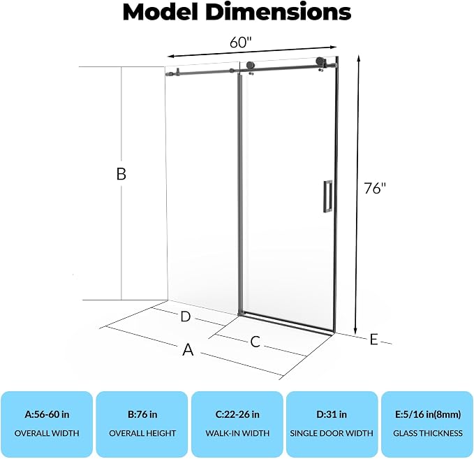 Sliding Shower Door 56-60 inch W×76 inch H, Stainless Steel Round Tube Track, 8mm Tempered Glass, One Fixed & One Sliding Panel, Matte Black Finish, Frameless Bathroom Door for Walk-in Shower