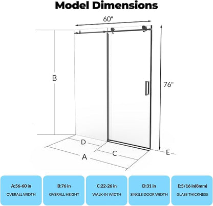 Sliding Shower Door 56-60 inch W×76 inch H, Stainless Steel Round Tube Track, 8mm Tempered Glass, One Fixed & One Sliding Panel, Matte Black Finish, Frameless Bathroom Door for Walk-in Shower