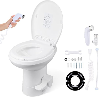 AW 20" High RV Camper Toilet with Bidet Spray Gravity Flush Elongated HDPE | Toilets for Motorhome Caravan