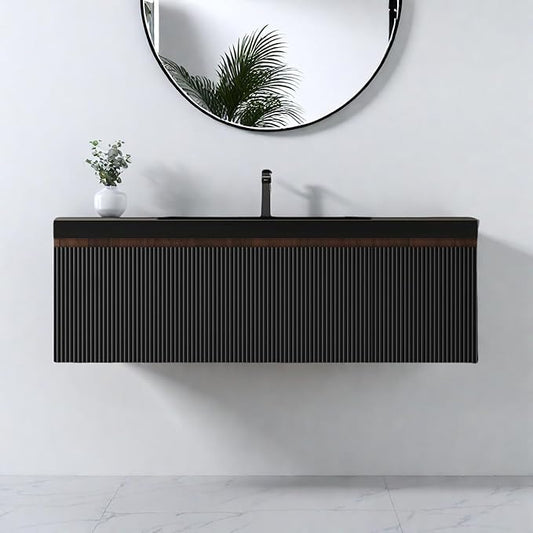 Wall Mounted Bathroom Sink Vanity, Modern 48" Floating Vanity with Resin Basin, U-Shaped Soft-Close Storage Drawer & Side Door, Striped Bathroom Storage Cabinet with Invisible Handle, Black