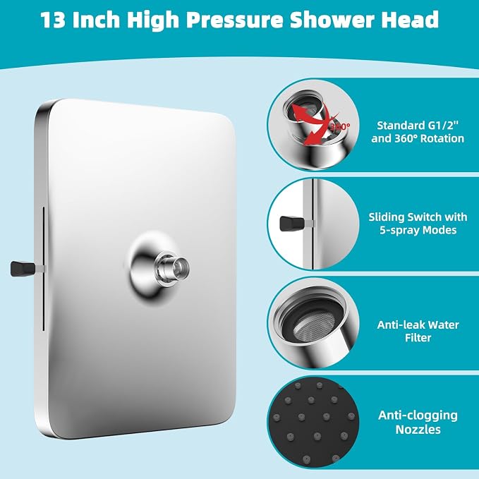 Hibbent 5 Spray Modes Shower Head, 13'' High Pressure Rain Shower Head, Large Rainfall Showerhead for Bathroom, High Flow Waterfall Fixed Showerheads with Adjustable Swivel Ball Joint, Silver
