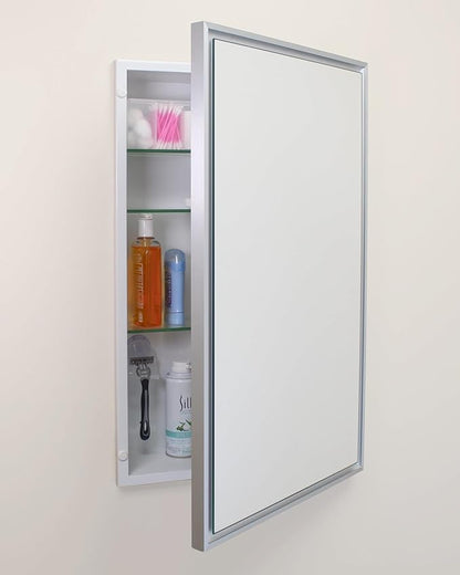 Fox Hollow Furnishings 16x26 Parker Metro Metal Framed Rectangle Recessed Bathroom Medicine Cabinet, Floating Mirror, 14x24 in-Wall Opening, Adjustable Glass Shelves, Magnet Close, Brushed Nickel