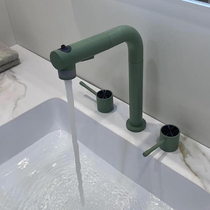3 Hole Basin Faucets Pull Out Basin Mixer Faucet Brass-Green