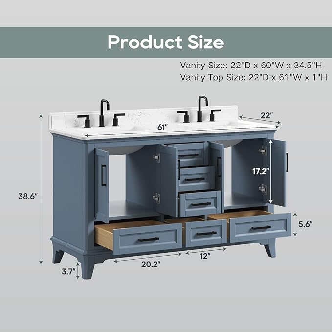 60 Inch Bathroom Vanity with Double Sink, Modern Solid Wooden Frame Bathroom Sink Cabinet with Soft Closing Doors & Dovetail Drawers, Quartz Countertop, Adjustable Feet, Steel Blue