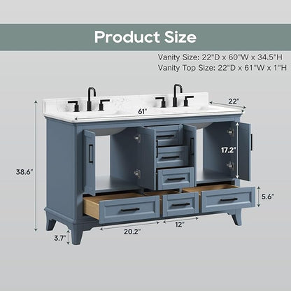 60 Inch Bathroom Vanity with Double Sink, Modern Solid Wooden Frame Bathroom Sink Cabinet with Soft Closing Doors & Dovetail Drawers, Quartz Countertop, Adjustable Feet, Steel Blue