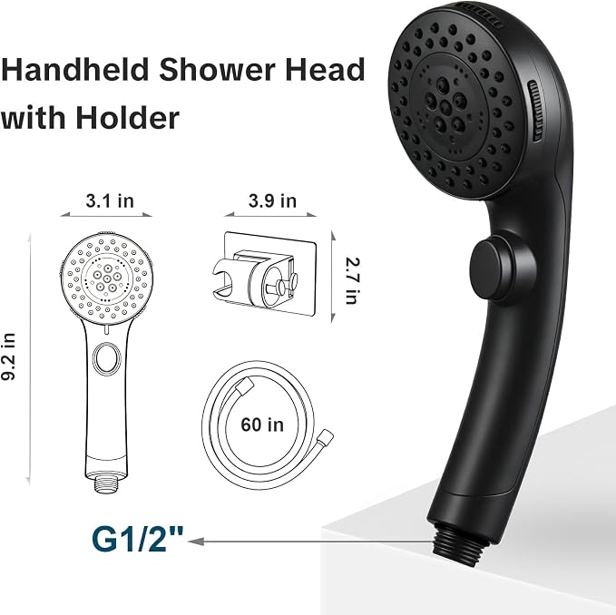 OFFO Handheld Shower Head with Shower Head Holder, 5 Mode Handheld Shower Head with On Off Switch for Water Saving, High Flow Powerful Boosting Showerheads with 60" PVC Hose, Matte Black