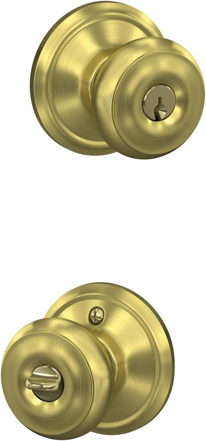 SCHLAGE F51A GEO 608 Georgian Knob Keyed Entry Lock, Satin Brass